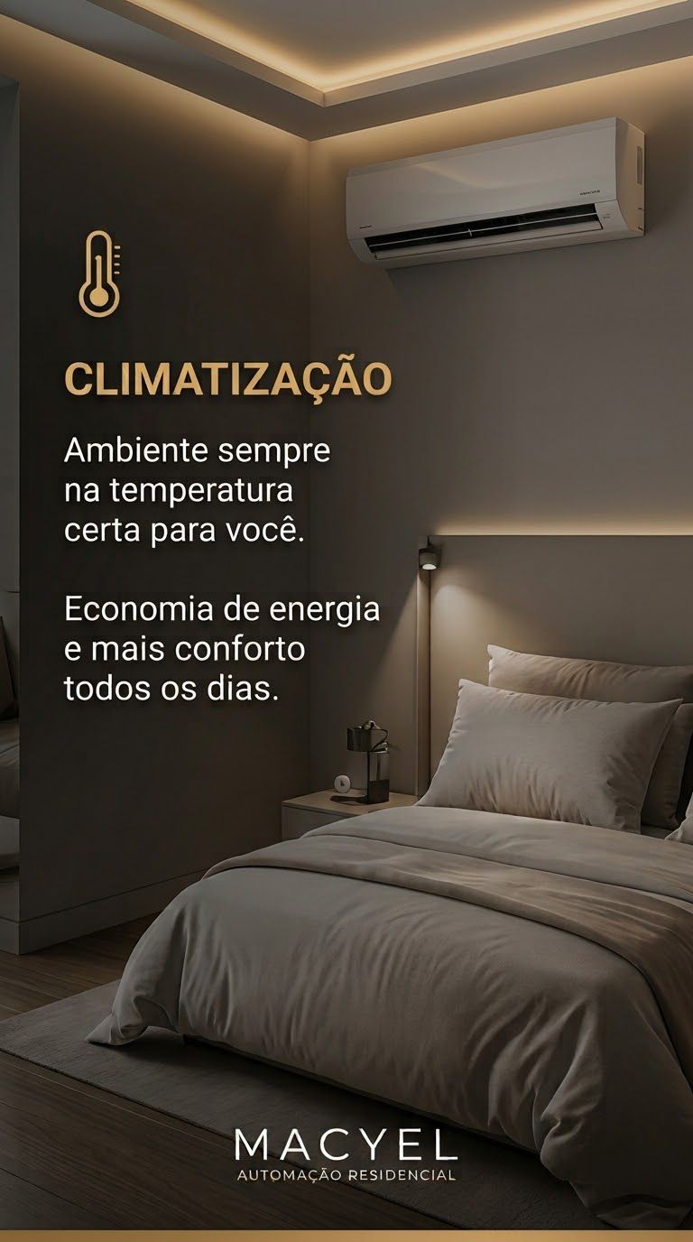 Quarto com ar-condicionado e iluminação automatizada